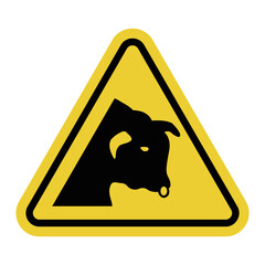 Bull warning sign. Warning yellow triangle road sign. Caution, bulls nearby. Danger area. Risk of injury. Wild bulls or other large cattle. Free ranging animals may enter the road.