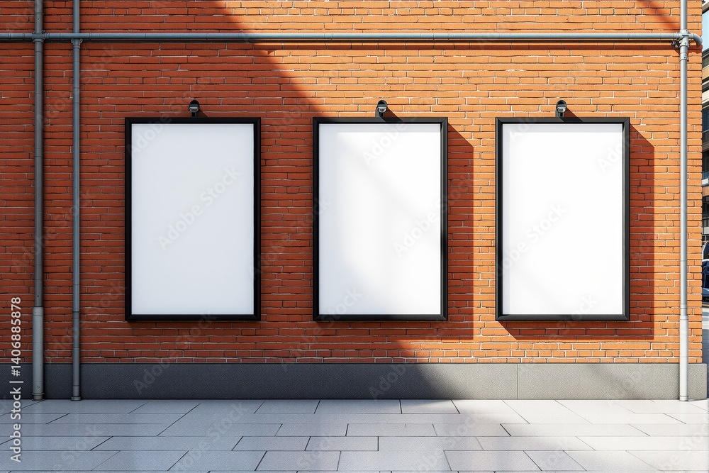 Poster three blank vertical posters on a red brick wall with black frames and overhead lights.