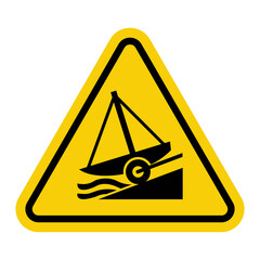 Boat slipway sign. Steep slope leading into the water. Specially equipped slipways. Launching vehicles into the water. Water safety. Warning yellow triangle road sign.
