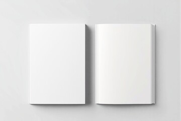 Blank book mockup with closed and open pages on light background.