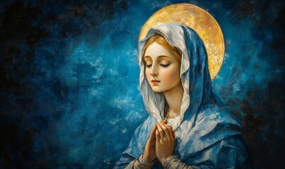 Virgin Mary, religious painting illustration. The image of the Blessed Virgin Mary in the dark blue sky