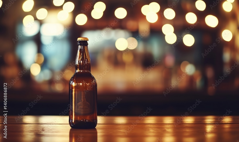 Poster craft beer bottle on bar counter with blurred lights in background creating warm ambiance