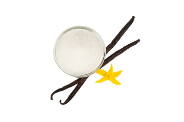 Aromatic vanilla sugar. Vanilla pods. Vanilla sticks, brown and white sugar isolated on a white background. Vanilla flowers, spices and herbs for desserts and baking. Space for text. Copy space