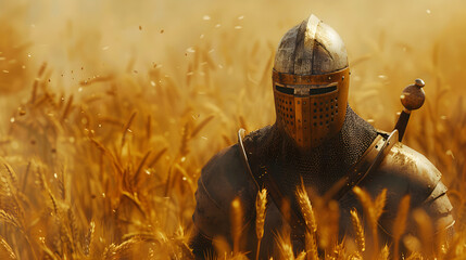A knight in full armor standing in a field of wheat with a sword on his back in golden light