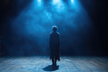 Obraz premium A lone figure, back to camera, stands on a dimly lit stage shrouded in blue smoke, creating a mysterious atmosphere.