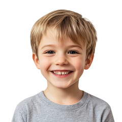 Smiling little boy in gray shirt isolated on transparent