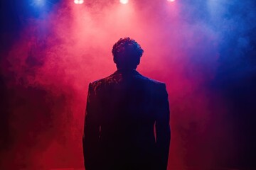 Silhouette of a person in a suit on stage with red and blue lighting and smoke.
