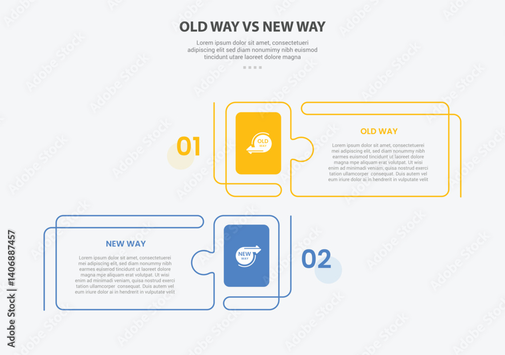 Poster old way vs new way infographic outline style with 2 point comparison template with creative rectangl