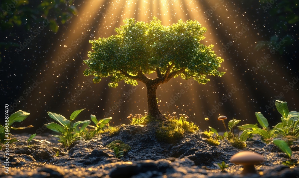Poster illuminated tree surrounded by lush greenery and mushrooms in enchanting forest setting
