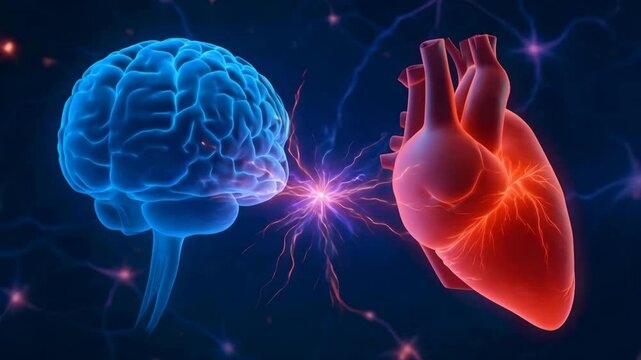 Brain heart axis, A glowing blue brain and a red heart are connected by electric energy sparks, symbolizing strong neural and physiological communication on a dark neural network background.