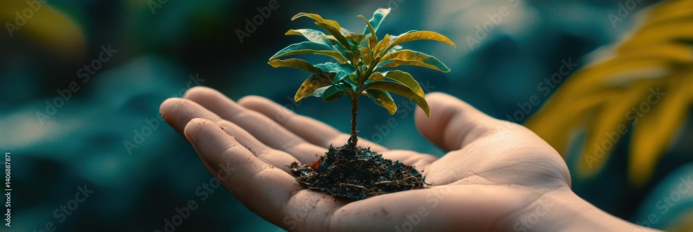 Poster Care and protection of nature highlighted by a tiny tree growing from a hand in a lush environment amidst greenery and vibrant plants during daylight