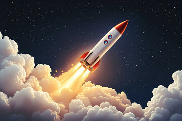 Rocket launching into the starry sky with bright flames and smoke clouds.