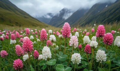 Obraz premium Vibrant pink and white flowers blooming in lush green valley surrounded by mountains