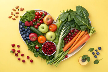 Colorful Heart-Shaped Plate of Fresh Fruits and Vegetables for a Healthy Diet
