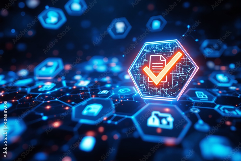Poster Digital verification checkmark on futuristic blue hexagonal interface background.