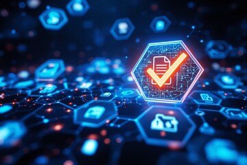 Digital verification checkmark on futuristic blue hexagonal interface background.