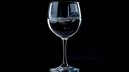 Close up of a wine glass filled with clear liquid and small bubbles against a black background