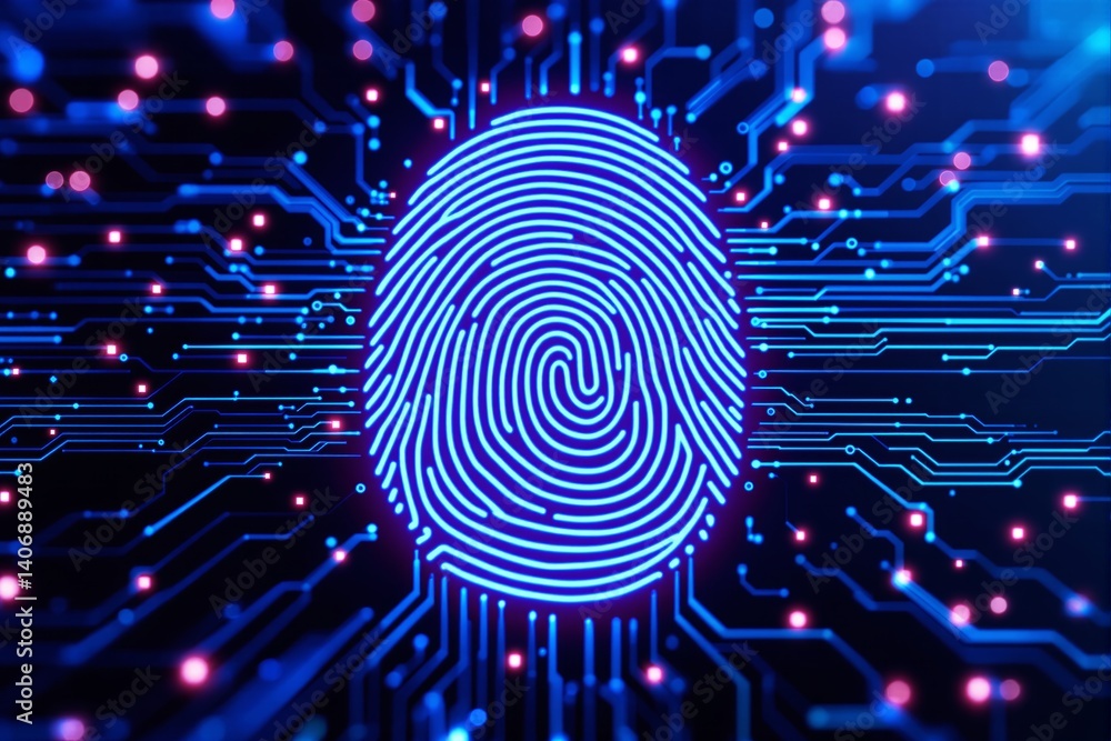 Poster Futuristic digital fingerprint with glowing circuit lines on dark background.