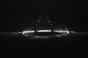cinematic black hole, interstellars black hole silhouette is set against a pitch-black background, with a single light source casting a halo effect this minimalist depiction captivates with its