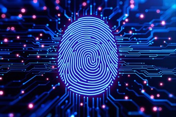 Futuristic digital fingerprint with glowing circuit lines on dark background.