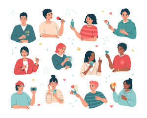 Young smiling people with symbols of relaxation, weekend, healthy lifestyle. Men and women holding flower, water, gift, camera, bouquet. Self time items in arm. Isolated vector illustration