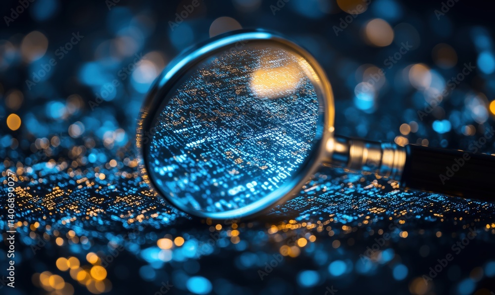 Aufkleber magnifying glass revealing digital data patterns on illuminated surface