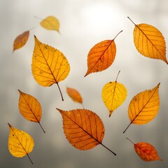 Falling Autumn Leaves Golden and Orange Foliage Against a Soft Blurred Background, Perfect for Fall Designs.