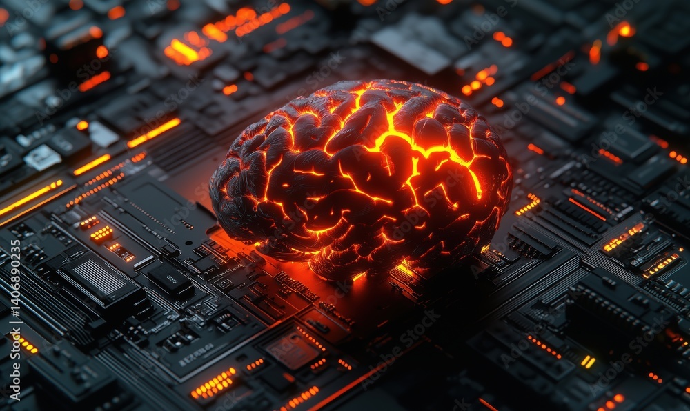 Poster futuristic glowing brain on circuit board background representing artificial intelligence and techno
