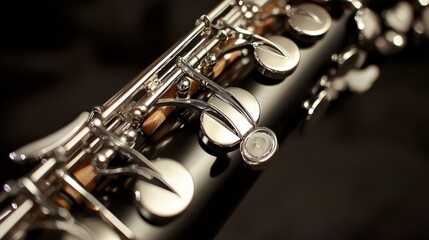 Fototapeta premium Close-up of a black oboe's mechanism. Detailed view of the keys and body
