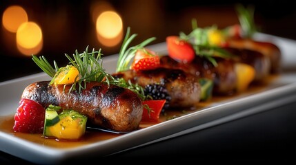 Elegant gourmet sausages with fresh fruit garnish in upscale restaurant