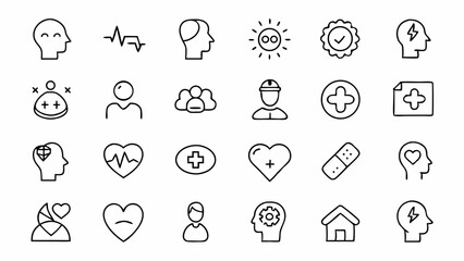 Stylized mental health line icons with clean minimalist design for psychological support, therapy, anxiety relief, brain care, and wellness-themed visuals