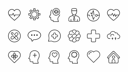 Editable mental health icons in outline style representing therapy, support groups, stress relief, positive thinking, mental exercises, and healthcare
