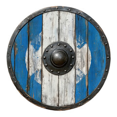 Rustic round wooden Viking shield painted blue with a white cross and central metal boss, weathered and historical.