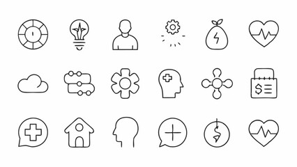 Elegant line icon set focused on mental health with symbols for therapy, anxiety relief, mindfulness, self-care, brain health, and emotional balance