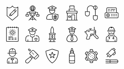 Police and law enforcement themed outline icons including badges, handcuffs, patrol cars, safety shields, and crime prevention visuals for civic design