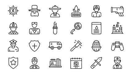 Fototapeta premium Security and police linear icons set featuring law enforcement equipment, protection symbols, emergency response tools, and public safety elements