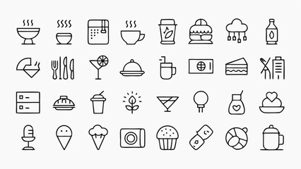Fototapeta premium Elegant restaurant and cafe outline icons for food branding, menus, culinary content, table service, drinks, hospitality, and gourmet visuals