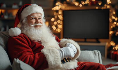 Santa Claus sitting on a sofa in the living room and watching blank mockup television