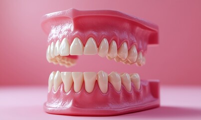 Obraz premium Realistic dental model showcasing upper and lower teeth on pink background