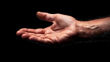 An outstretched hand, palm up, against a black background, emphasizing the details of the hand's features. Concept Hand Details, Black Background, Palm Up Pose, Emphasizing Features