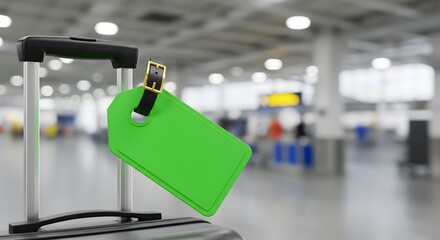Suitcase with a vibrant green luggage tag in the blurred background airport terminal