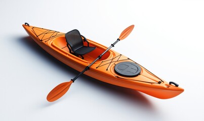 Orange kayak with paddle and seat designed for recreational water activities