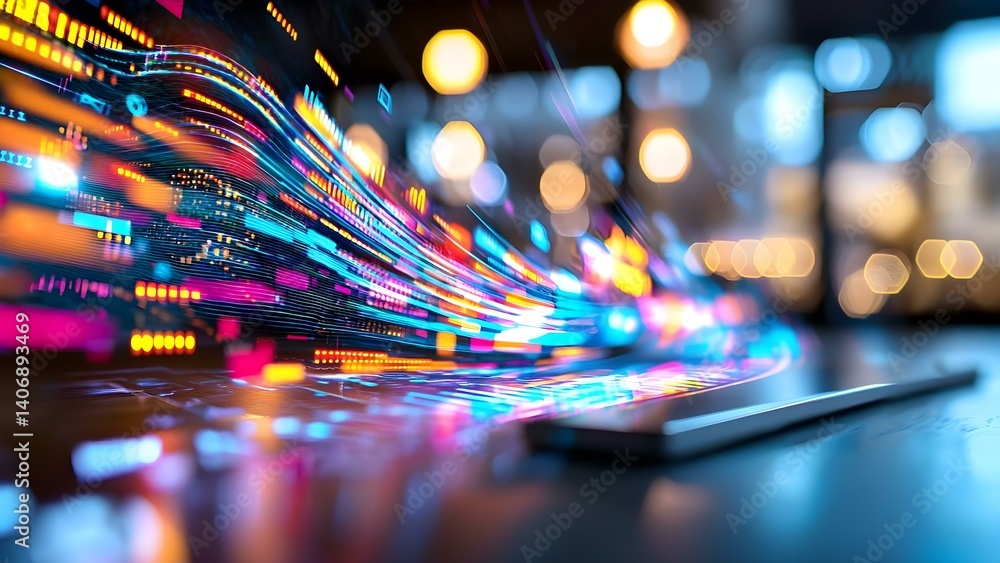 Poster a vibrant, abstract representation of digital data flow, featuring colorful light trails and blurred
