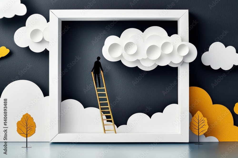 Poster a creative scene featuring a silhouette on a ladder reaching towards stylized clouds within a framed
