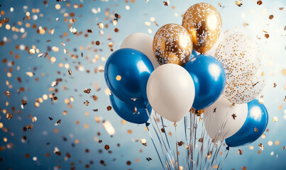 Celebration background concept with blue, golden, white balloons and confetti. Christmas background with copy space