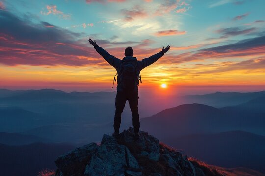 Silhouette of positive man on mountain top, with arms raised up, silhouette of man standing on the hill, Business, success,victory,leadership,achievement concept. Freedom travel