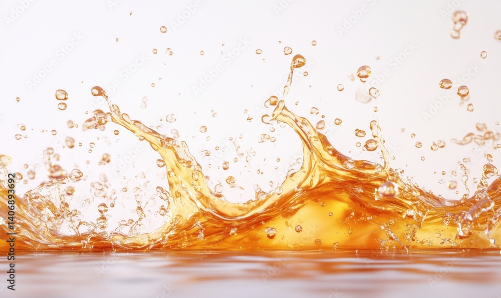 Poster dynamic splash of orange liquid creating droplets and waves in water