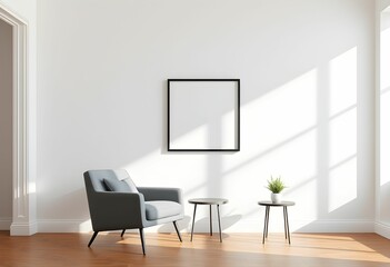Modern minimalist interior, white walls, wooden floor, gray armchair, black picture frame, small side table with plant, natural lighting, clean lines, shadow play