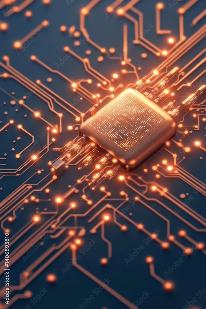 Poster a close-up view of a microchip illustrating complex circuitry, symbolizing the integration of techno