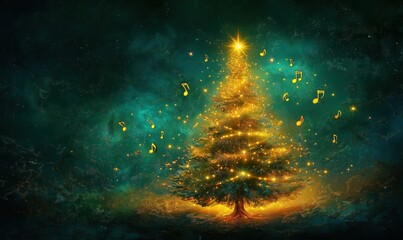 Naklejka premium Magical Christmas tree glowing with lights and musical notes in enchanting atmosphere